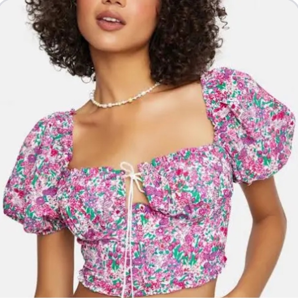 For Love And Lemons Multicolored Puff Sleeve Crop Blouse